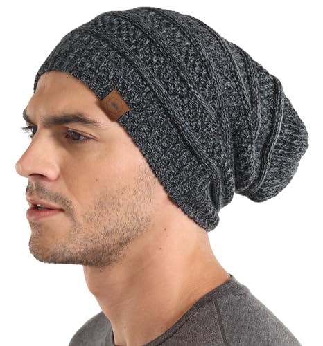 Slouchy Oversized Beanie Hat - Warm Winter Beanie for One Size - Black Gray
