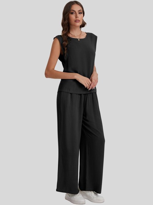Bloggerlove Womens Summer 2 Piece Outfits Sleeveless Tank Top Wide Leg Pants Linen Jumpsuits Lounge Matching Beach Sets
