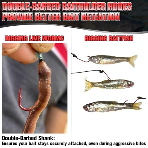 Baitholder Fishing Hooks - Double-Barbed Long Shank, 100 Pack, Red, Size 8