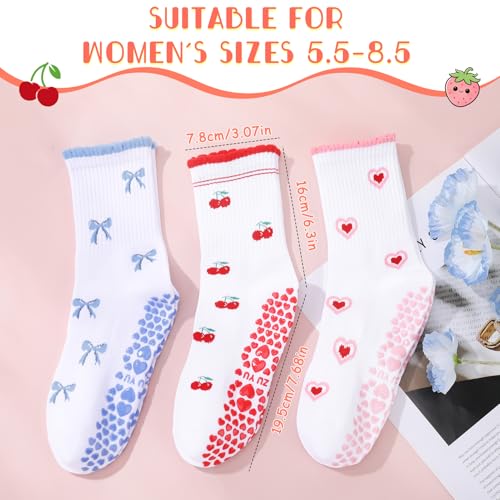 3 Pairs Cute Pilates Grip Socks for Women - Heart, Bow & Cherry