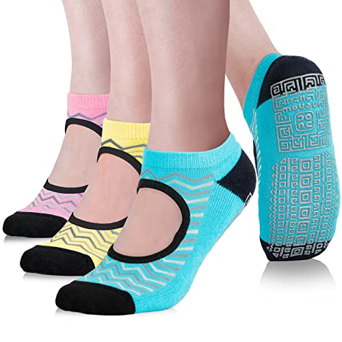 Non Slip Grip Yoga Socks for Women with Cushion - One Size, 3 Pairs Waves Lake Blue/Yellow/Pink