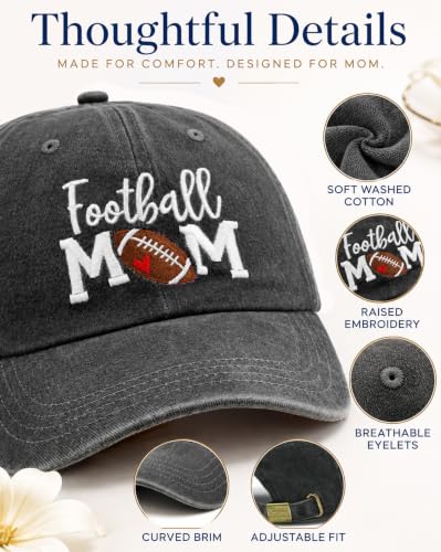 Wodeal Black Football Mom Hat with Gift Box for Women, Embroidered Baseball Cap