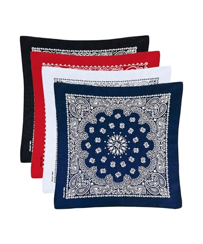 Bycc Bynn Extra Large Cotton Bandanas 27x27 4-Pack – Soft Oversized Hankies (Black/Red/White/Navy)