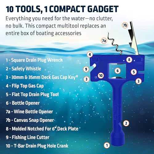Boat Gadget 10-in-1 Marine Tool with Gas Cap Key & Line Cutter - Blue, 1 Pack