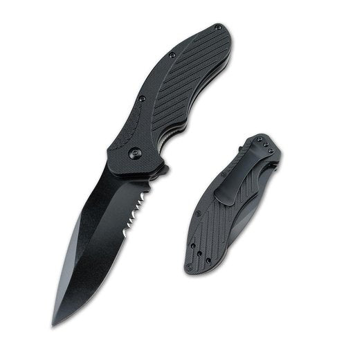 Generic Clash Black Serrated Pocket Folding knife, 3"" 8Cr13MoV Steel Drop Point Blade, Assisted One-Handed Flipper Opening, Utility EDC for Outdoor Camping Survival
