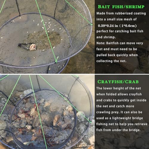 Drasry Collapsible Fishing Net 39.4x31.5in Rubber-Coated Bait Trap for Crayfish Crab Lobster Minnow Shrimp