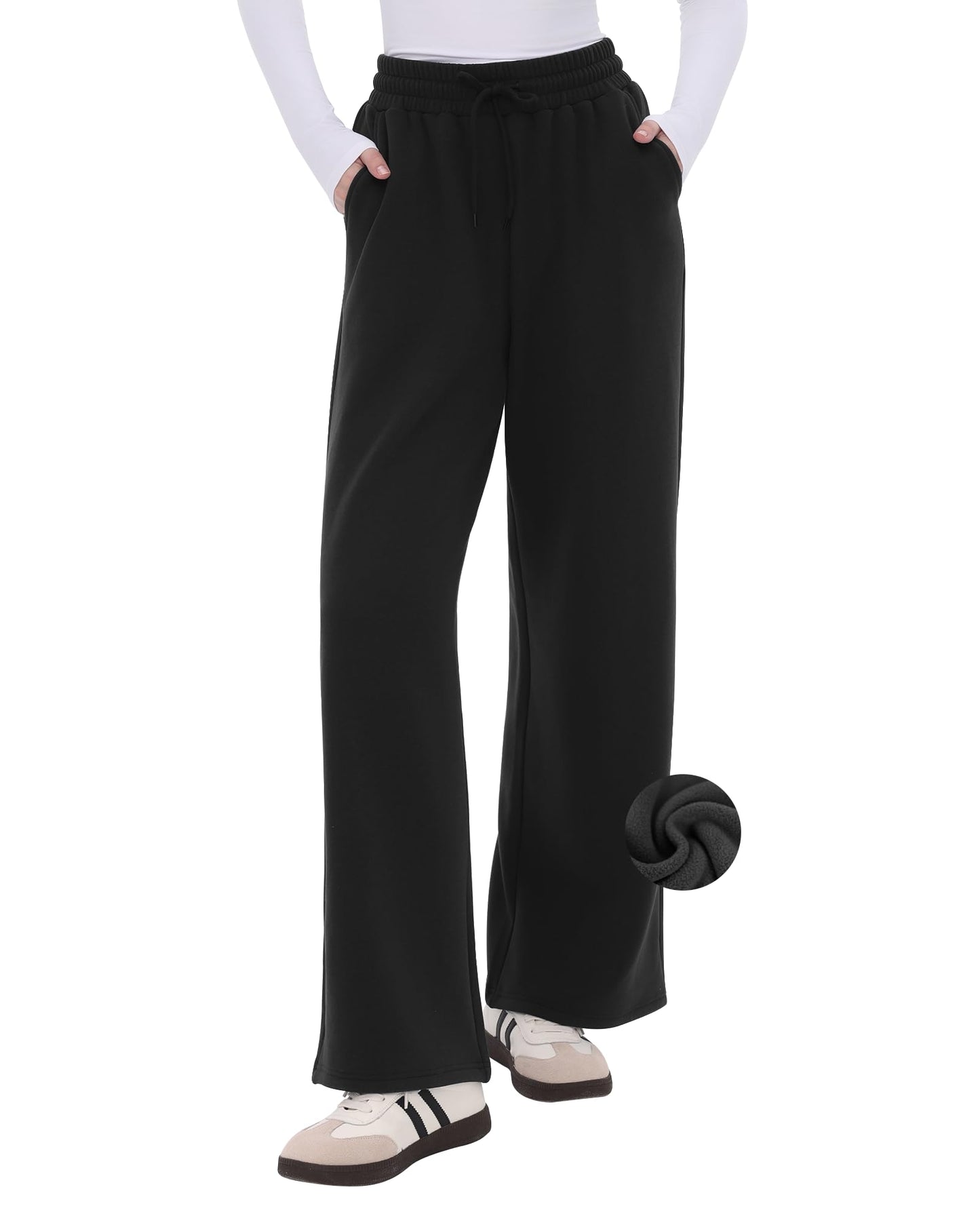 CAMPSNAIL Womens Fleece Lined Sweatpants Wide Leg Winter Warm Thermal Straight Leg Baggy Lounge Sweat Pants with Pockets Black