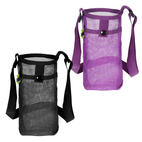 2 PCS Mesh Water Bottle Carrier with Adjustable Strap - Black & Purple