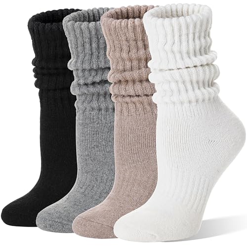 EBMORE Merino Wool Slouch Boot Socks Thermal Winter Crew Socks for Women, 4 Pairs - Medium, Black, Khaki, Grey, White