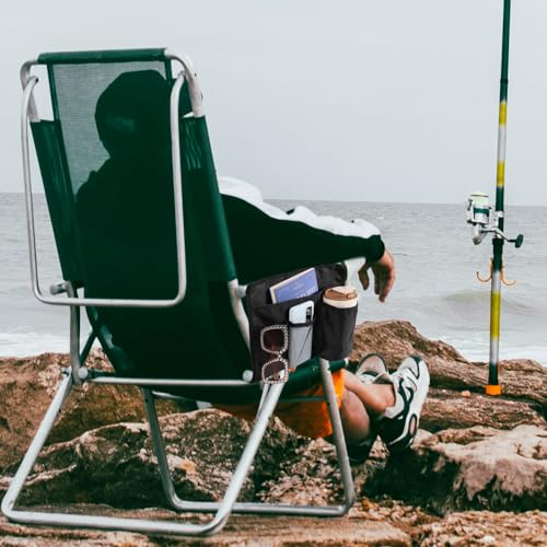 Lasuroa Black Nylon Beach Chair Cup Holder with 4 Pockets, Adjustable Strap