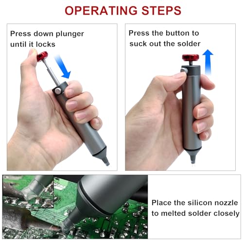 Desoldering Tool for Engineer, 30hg-cm Strong Suction Metal Soldering Iron Solder Sucker, Manual Vacuum Suction Soldering with 50mm Silicone Nozzle for Integrated Circuit Board Repair 1PCS