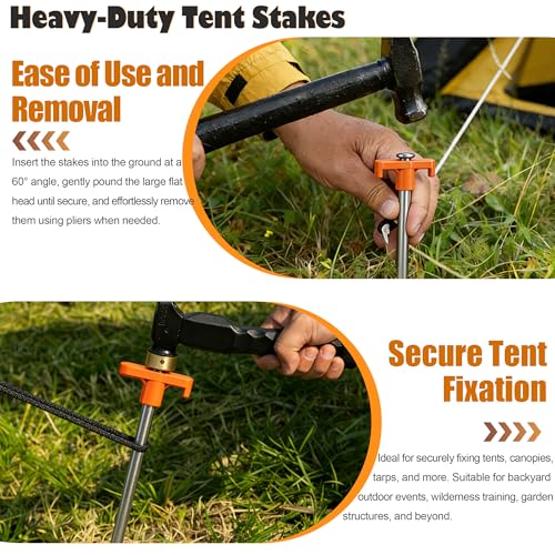 12-Pack Heavy Duty Tent Stakes - 7.1-Inch Rust-Resistant with Orange Sleeves