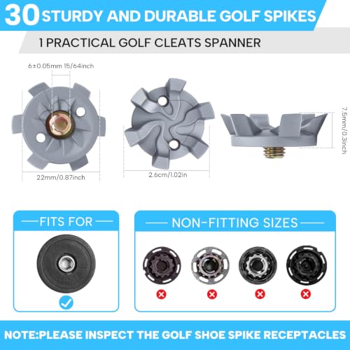 Grey 31 PCS Golf Shoe Spikes Replacement Set with Spanner - Metal Thread 6mm