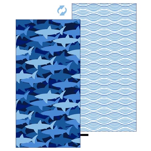 Large Microfiber Beach Towel - Blue Shark Design, Sand Free