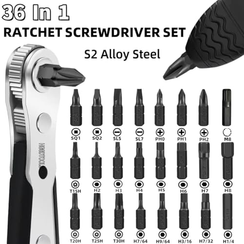36in1 Right Angle Screwdriver Set 1/4 Mini Ratchet Wrench S2 Magnetic 1/4 Bits 90 Degree Offset Screwdriver Metric/SAE Allen Bits Dedicated to Small Spaces Home&Outdoor Portable Tools