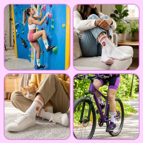 Non-Slip Pilates Socks for Women - Cute Fruit Pattern, 5 Pairs - Red, Purple, Yellow, Orange, Green