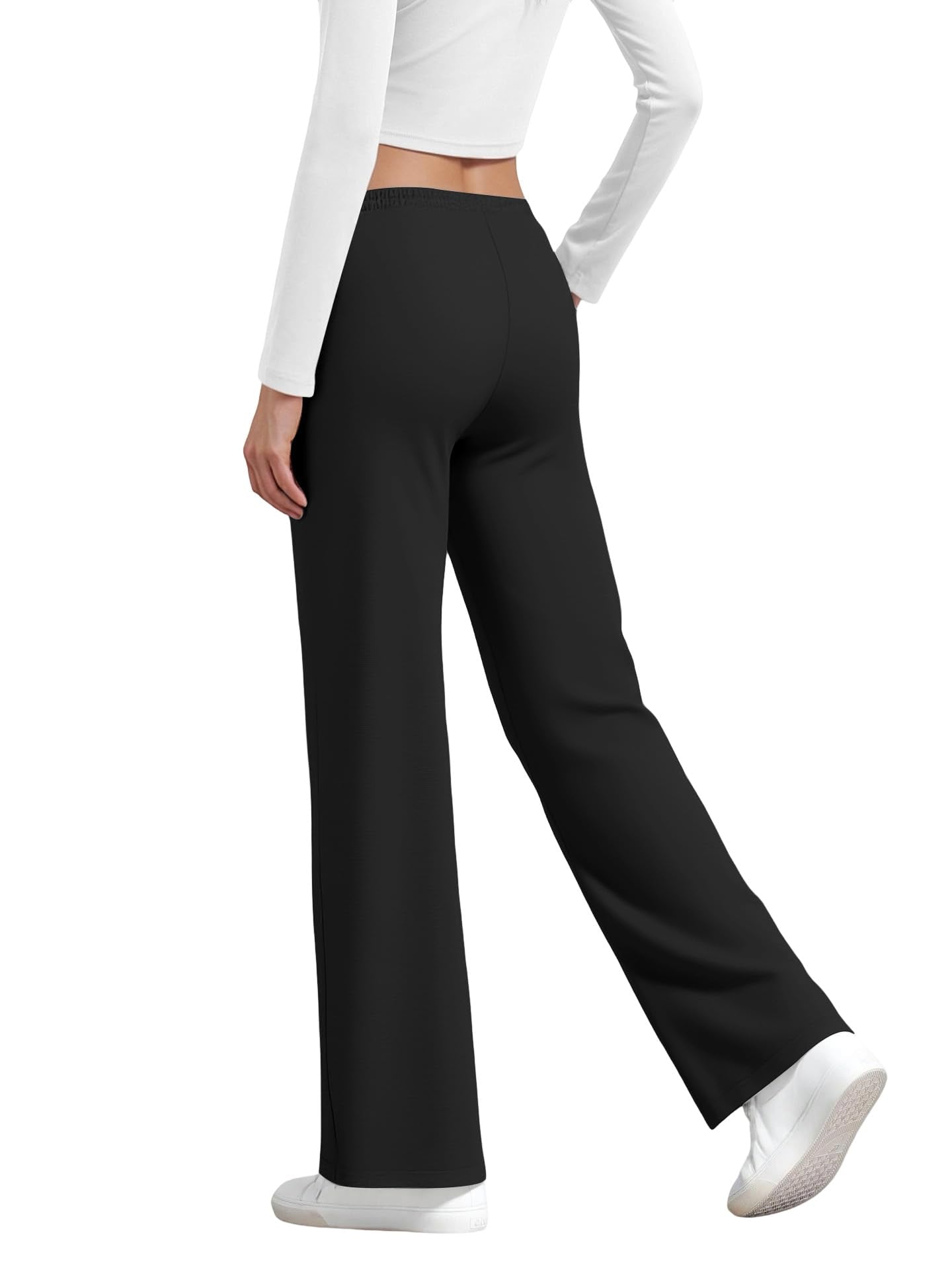 JEKAOYI Womens Drawstring Sweatpants, High Waisted Lightweight Lounge Straight Leg Casual Pants with Pockets Black