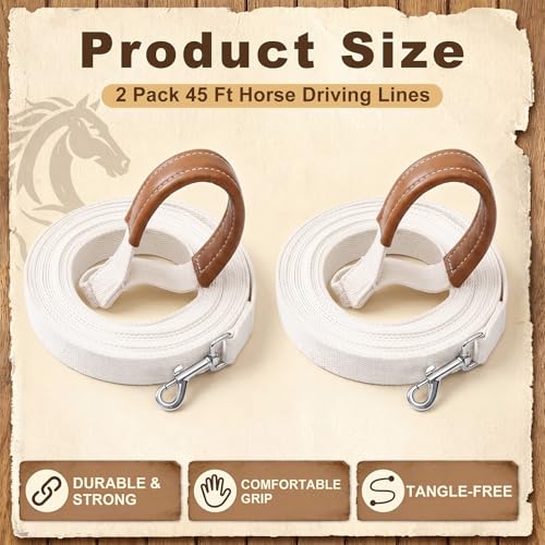 45 Ft Nylon Horse Driving Lines with Leather Wrapped Handle, Solid Brass Trigger Snaps — 2 Pack, White
