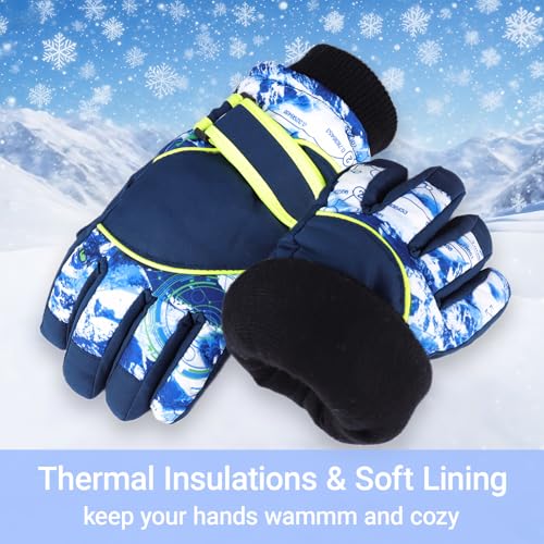 Kids Ski Gloves for Boys & Girls 5-8 Years - Windproof, Non-Slip Mittens - White & Navy