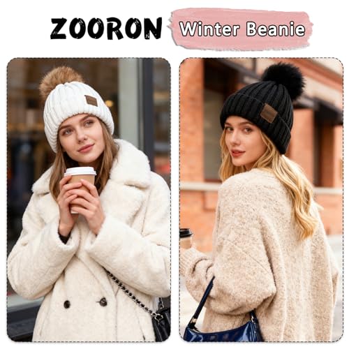 Winter Knitted Beanie Hat with Faux Fur Pom - Black