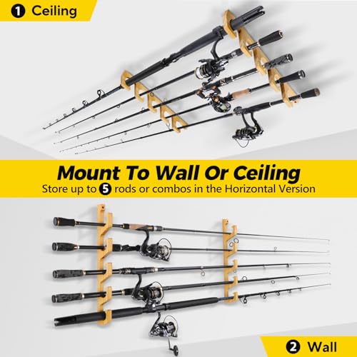 PLUSINNO 5-Rod Wall & Ceiling Mount Fishing Rod Holder | Poles Storage Rack, 1 Pack