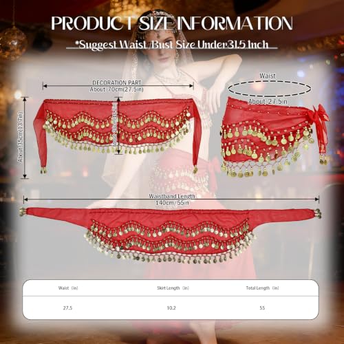 Belly Dance Hip Scarf Tie Waist Wrap with 128 Coins - Red