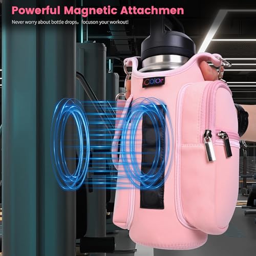 icolor Pink Neoprene Magnetic Gym Water Bottle Holder with Phone Pockets & Shoulder Strap