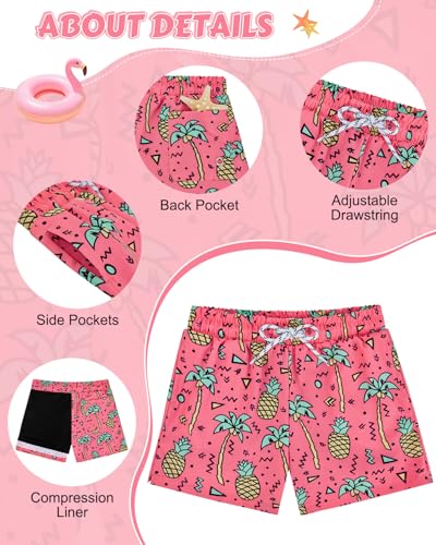 Century Star Boys' Pink Pineapple Swim Trunks with Compression Liner, 10-12 Years