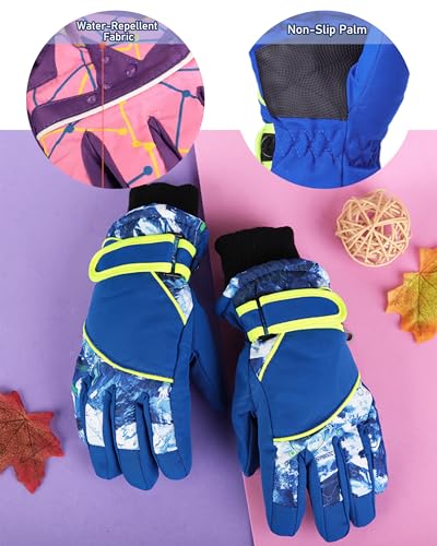 Kids Waterproof Winter Ski Gloves - Warm Plush Lined - Blue, Ages 4-7