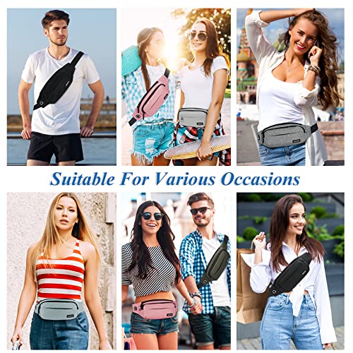 SINNO Large Crossbody Fanny Pack for Women Men - Gray Belt Bag with 4 Zipper Pockets for Travel Running Hiking Outdoors