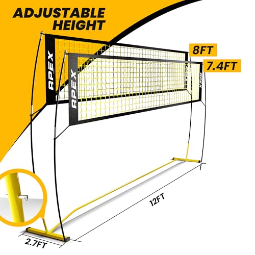 Volleyball Net Training - 12' Wide, Adjustable Height 7.4' to 8' - Portable with Carry Bag