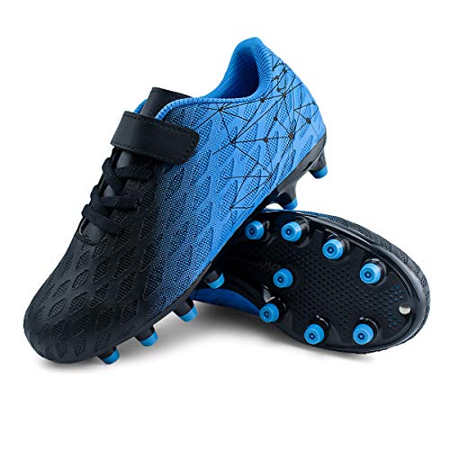 Kids Soccer Cleats Firm Ground Boys Girls Athletic Outdoor Football Shoes - 13 Little Kid, Black Blue