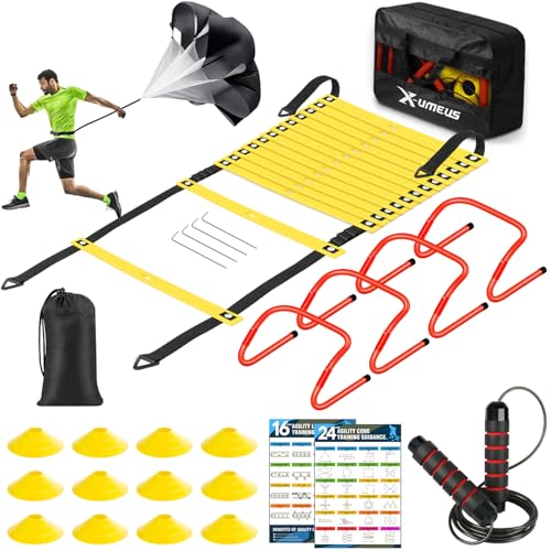 20ft Agility Ladder Training Set with Hurdles, Cones & Parachute