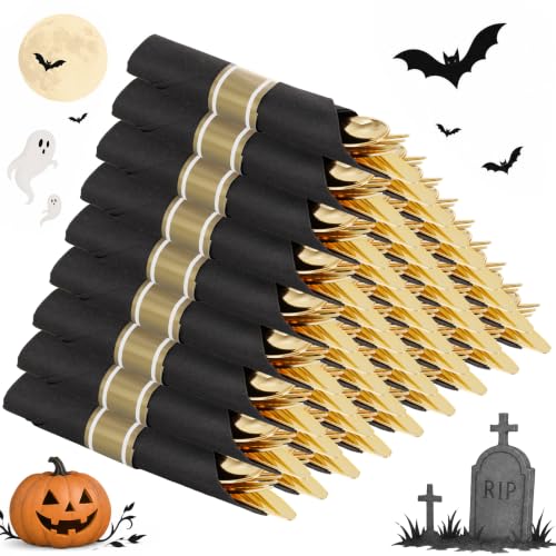 Black and Gold 60 Pack Pre Rolled Plastic Silverware Set with Napkins