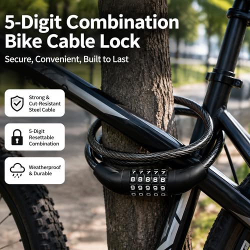 KEYSTP 5-Digit Bike Lock Cable 12mm with Mounting Bracket – Black