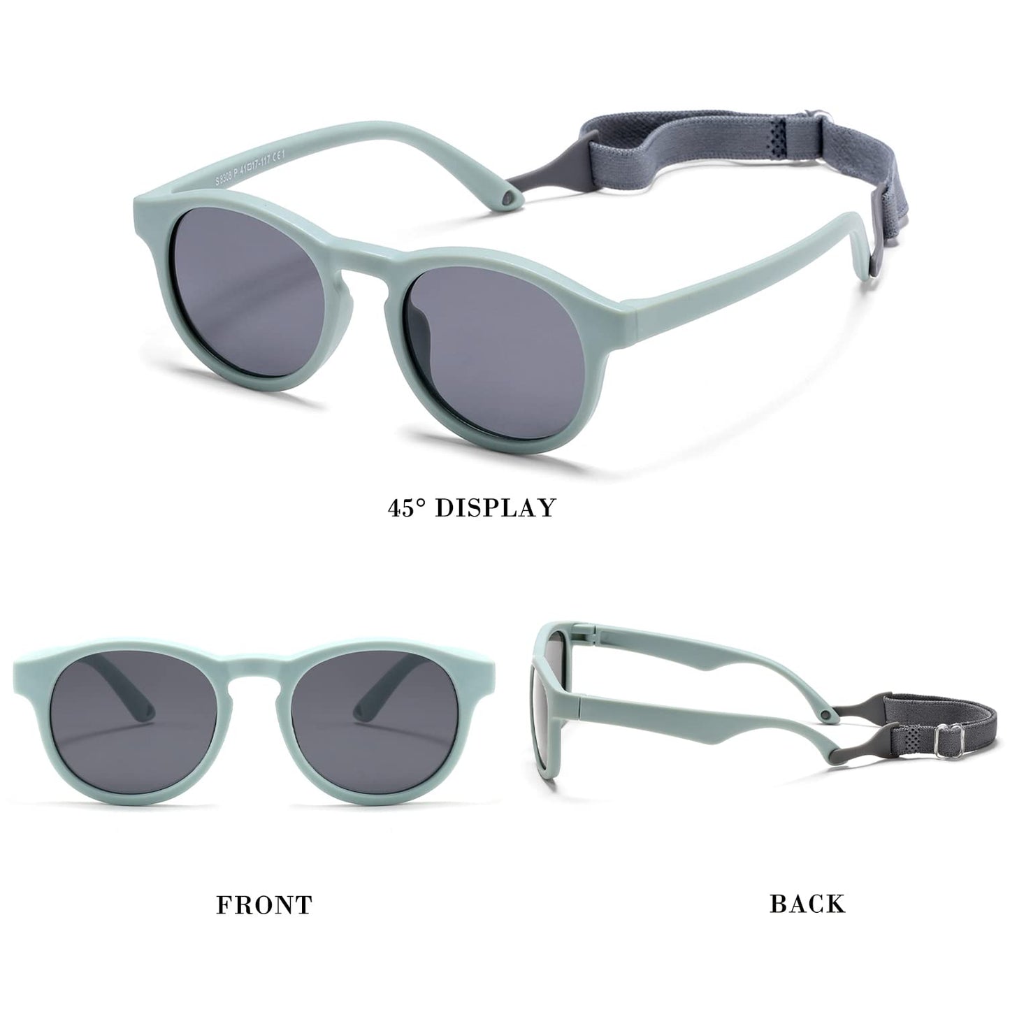 HJSTES Polarized Baby Sunglasses for Toddler Boys Girls, TPEE Flexible Frame with Strap, for Infant Age 0-3(Round Blue)