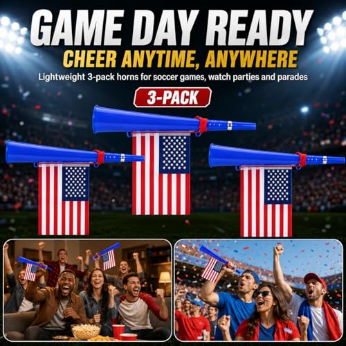 3 Pack American Flag Stadium Horns - Loud Plastic Noise Makers