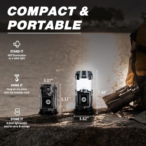Solar Camping Lantern & LED Flashlight - Collapsible Design - Modern Black