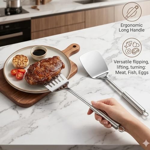 Stainless Steel Spatula Set - Heavy Duty Solid & Slotted Turner