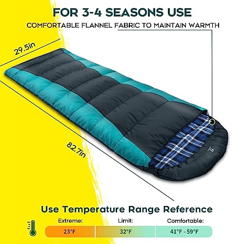 Bessport Flannel-Lined Winter Sleeping Bag - Grey & Blue -5℃, 3-4 Season Lightweight Waterproof Camping Gear