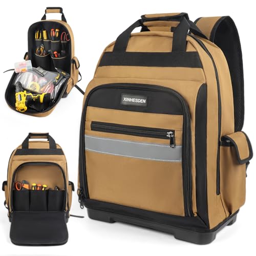 Tool Bag Backpack, Heavy Duty Tool Backpack Bag with Waterproof Molded Base, Electrician Work Pack for Hand Tools, Multi Pockets Tool Storage Organizer for Contractor, Plumbers, HVAC Techs