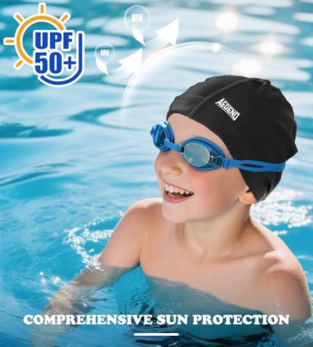 Kids Swim Cap - Fabric Lined Silicone Swimming Hat for Long Hair - Black Small