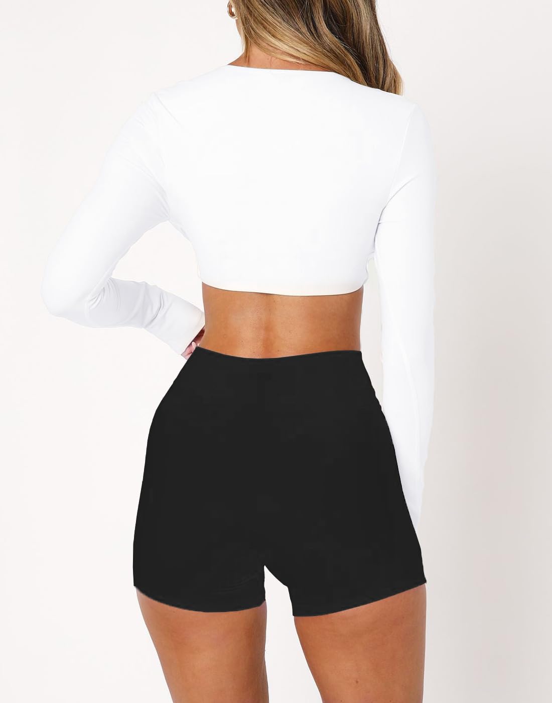 Dressmine White Long Sleeve Crop Top Womens Medium Support Sports Bra Sexy Twist Front Yoga Gym Tops V Neck Athletic Wear Pilates Clothes S