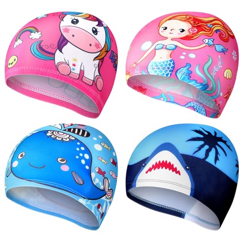Fourluoo Kids Swim Caps Vibrant Style 4-Pack for Boys Girls Toddler 2-12 Long Short Hair Breathable Elastic Pool Swimming Hat
