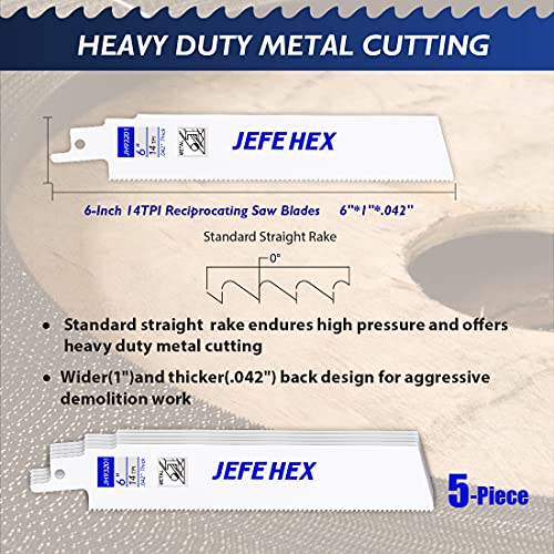 JEFE HEX 5-Piece Reciprocating Saw Blades - 6 Inch 14 TPI Saw Blade Set Bi-Metal Construction with Cobalt for Heavy Duty Metal Cutting and Wood Cutting