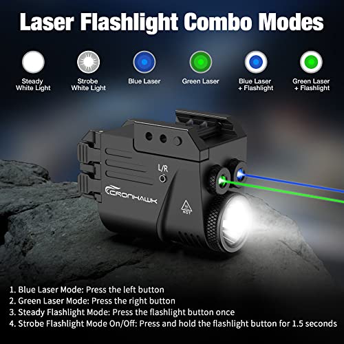 500 Lumen Blue Green Laser Light for Pistol, Rechargeable Rail Mounted Flashlight Laser Combo for Picatinny Rail, Magnetic Charging