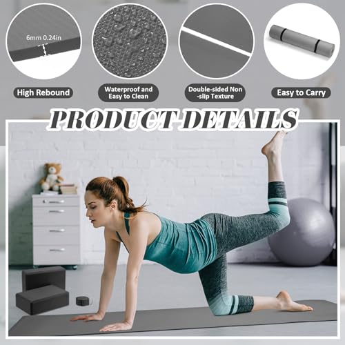 Yoga Starter Kit - 10 Piece Set with Mat, Blocks, Ball, Bands - Gray