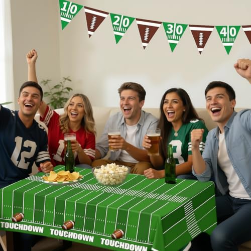 Football Party Tablecloth and Banner Set - 54 x 108 Inch - Green & Brown