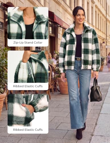 Grace Karin Women's Green Plaid Sherpa Fleece Jacket with Pockets Medium