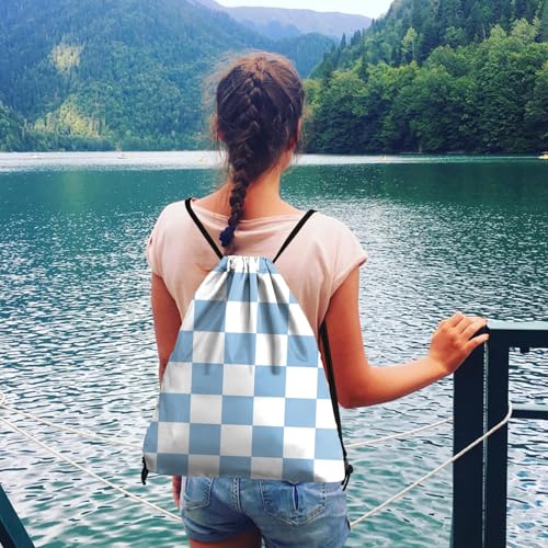 Waterproof Drawstring Backpack for Sports - Blue Checkered